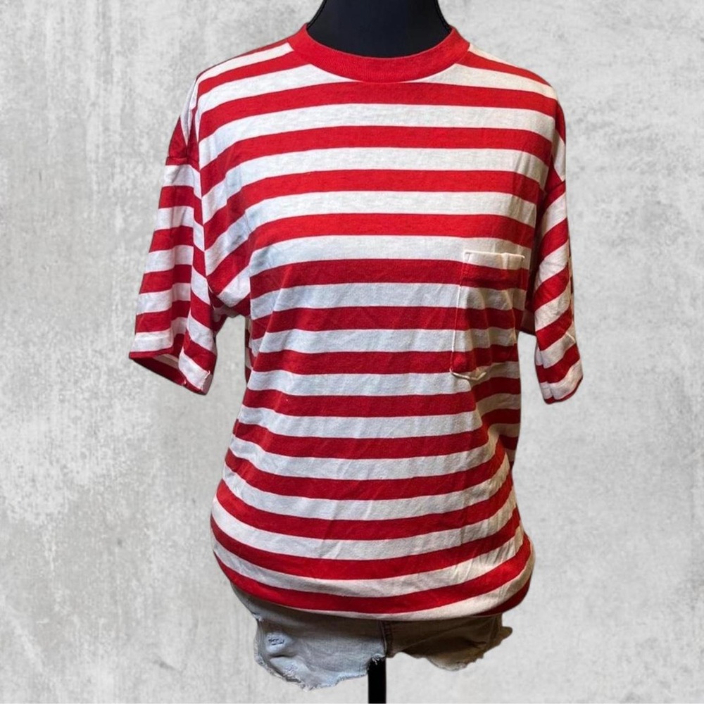 Vintage Claybrooke Red White Striped Pocket T-Shirt Mens Made in USA Crew Neck